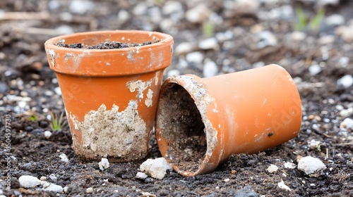 Old Weathered Terracotta Pots in Soil Garden