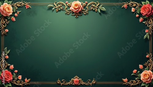 Vintage floral invitation card with antique gold ornamentation on green gradient background. Adorned Victorian banner damask baroque style. Ideal design templates for wedding celebration, party