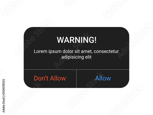 Dark warning notification pop up UI design with allow and don’t allow buttons on a transparent background for mobile app and web alert interface in a minimal modern style