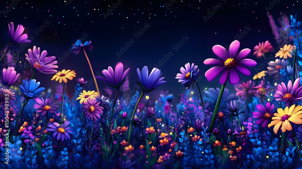 Fototapeta premium Vibrant Night Garden Flowers Blooming Under Stars