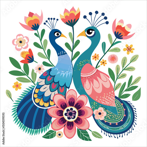 Seamless spring floral pattern with birds on flowering branches, a nature-inspired design element