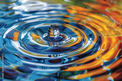 Bright and colorful ripples on water showing reflections in blue, orange, and other hues. The abstract patterns captivate and symbolize movement, energy, and the fluidity of natural elements.