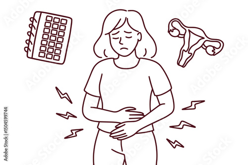 Minimalist black and white line art showing young woman holding her stomach in pain suffering from endometriosis, menstrual cramps, reproductive disorder, hormonal imbalance and chronic abdominal 