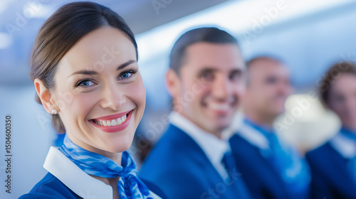 Smiling flight attendants in uniform standing inside an airplane, representing airline service and professional hospitality.  
 photo