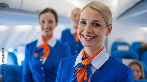 Smiling flight attendants in uniform standing inside an airplane, representing airline service and professional hospitality.  
 photo