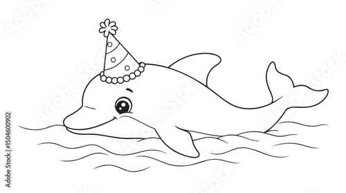 Dolphin wearing a party hat swimming in ocean waves  