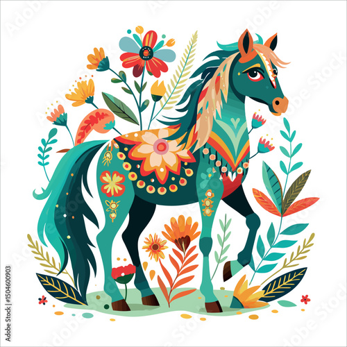 Here's a single sentence combining those elements:

Horse with floral ornament vector illustration: vintage animal design with peacock and heart elements