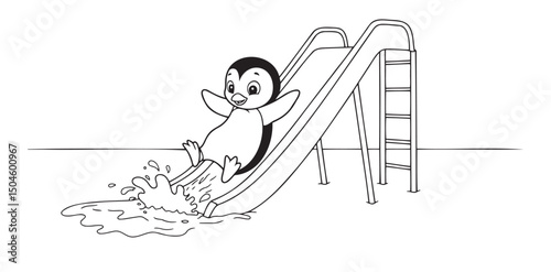 enguin coloring page sliding down a slide for children's fun and creativity at the aquarium