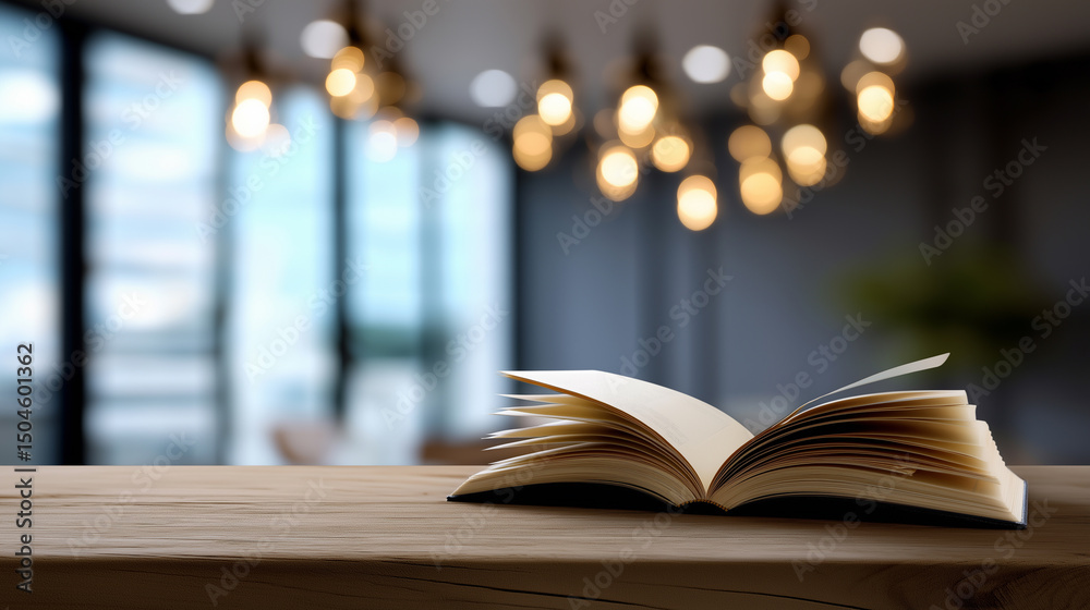 Fototapeta premium Open book on wooden table in modern library with blurred shelves and warm lighting in background. 