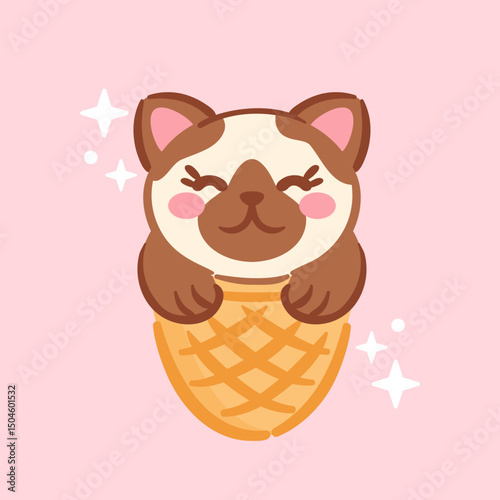 A cute and playful Siamese kitten in a waffle ice cream cone, exuding kawaii charm. The kitten s big expressive eyes and playful pose bring joy, making this illustration perfect for a whimsical design