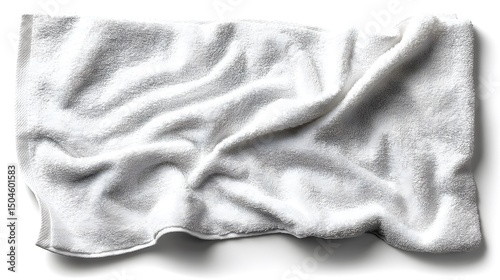 A wrinkled white terrycloth towel lies flat on a white background.