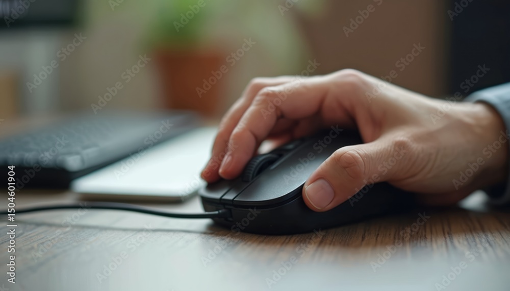 Hand operates computer mouse on wooden desk. Person clicks button scroll wheel. Wireless tech, work, business concept. Modern office, workspace, cyberspace. Online work, digital device. Hand operates computer mouse on wooden desk. Person clicks button scroll wheel. Wireless tech, work, business concept. Modern office, workspace, cyberspace. Online work, digital device.