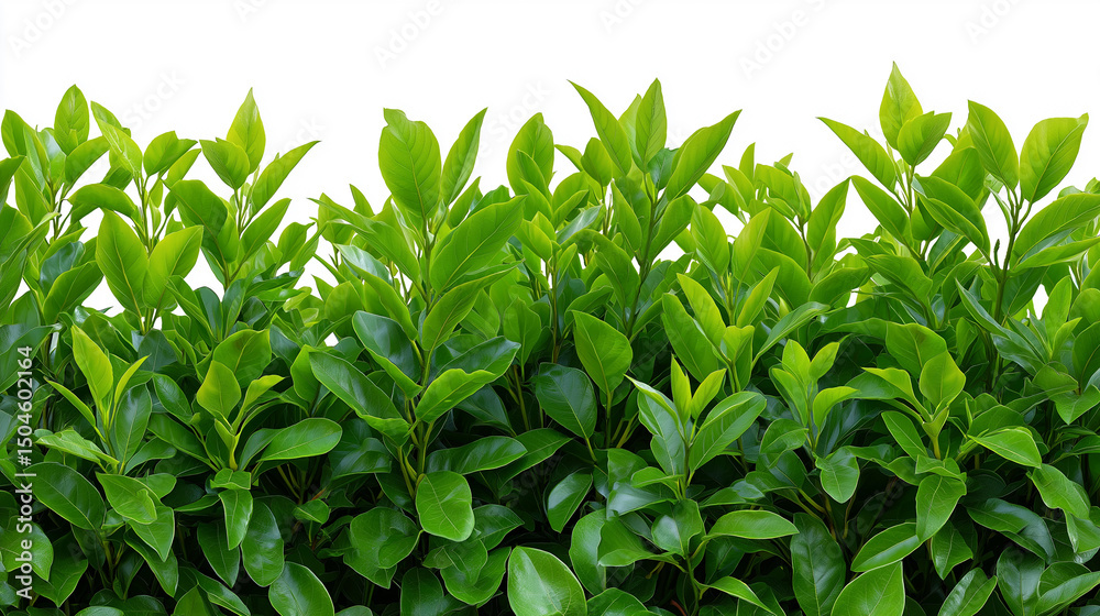 Dense green hedge of fresh leaves isolated on white background.
Dense green hedge of fresh leaves isolated on white background.