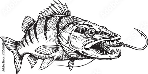 White isolated vector illustration of a raw freshwater fish sketch for food and healthy sea animal nature catch
