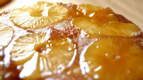 Delicious looking fresh baked homemade pineapple upside down cake with a slice removed, close-up detail shot, golden brown caramelized glaze