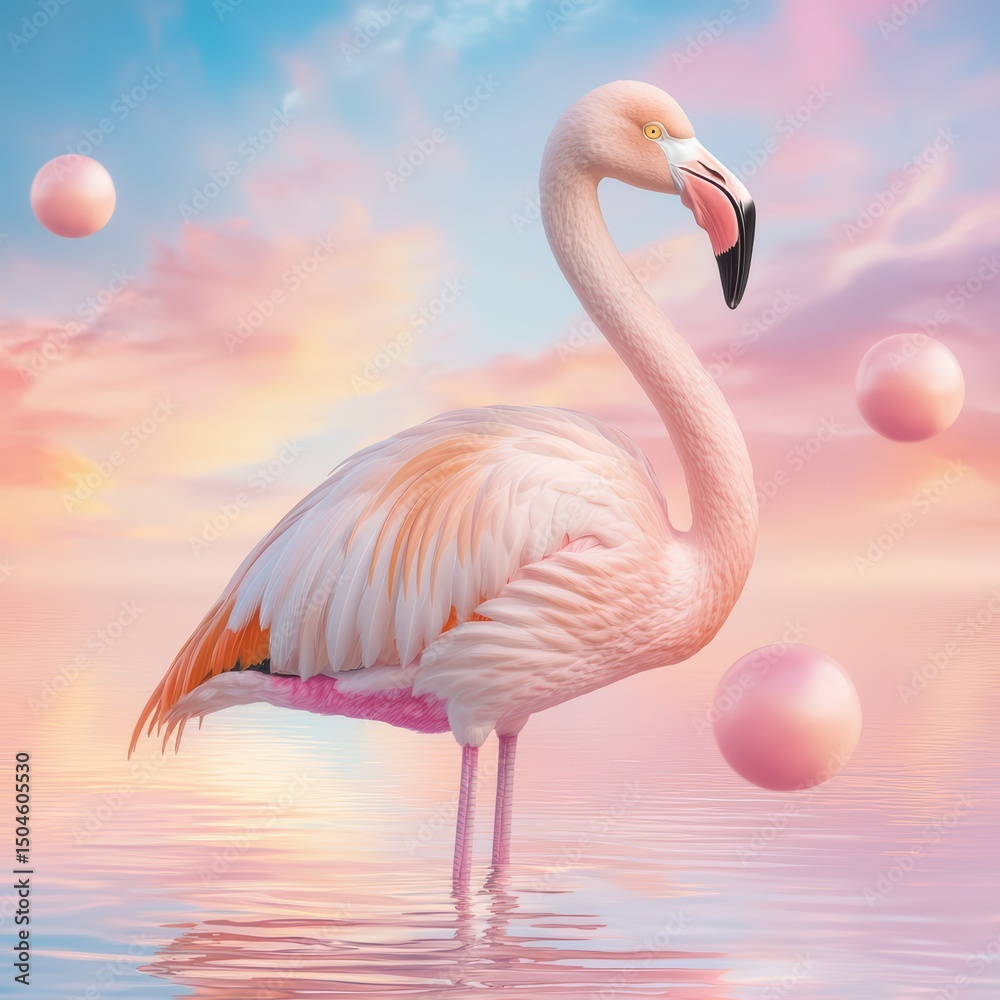 Fototapeta premium Elegant Flamingo Standing Gracefully by Calm Water Surrounded by Soft Pink Bubbles and Colorful Sunset Sky