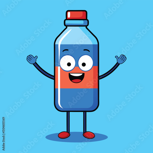 A cheerful cartoon water bottle character with arms and legs smiling on a blue background