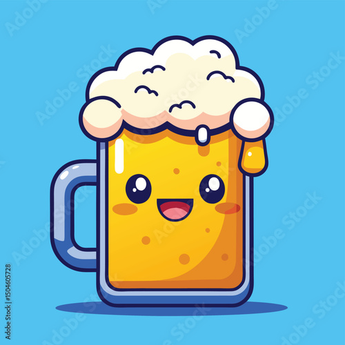 Adorable cartoon beer mug smiling with delicious foam on a bright blue background