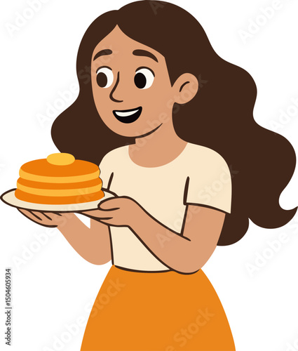 Flat Vector Illustration of a Woman Holding a Plate of Pancakes with Butter, Wearing a Cream-Colored Shirt and Orange Skirt, Featuring Long Brown Hair
