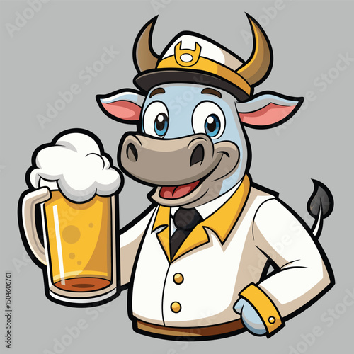 Cartoon bull character holding a beer mug wearing a uniform in a friendly and inviting pose