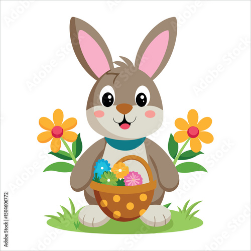 A cute cartoon Easter bunny with a basket of colorful eggs on green grass with spring flowers under a happy sky