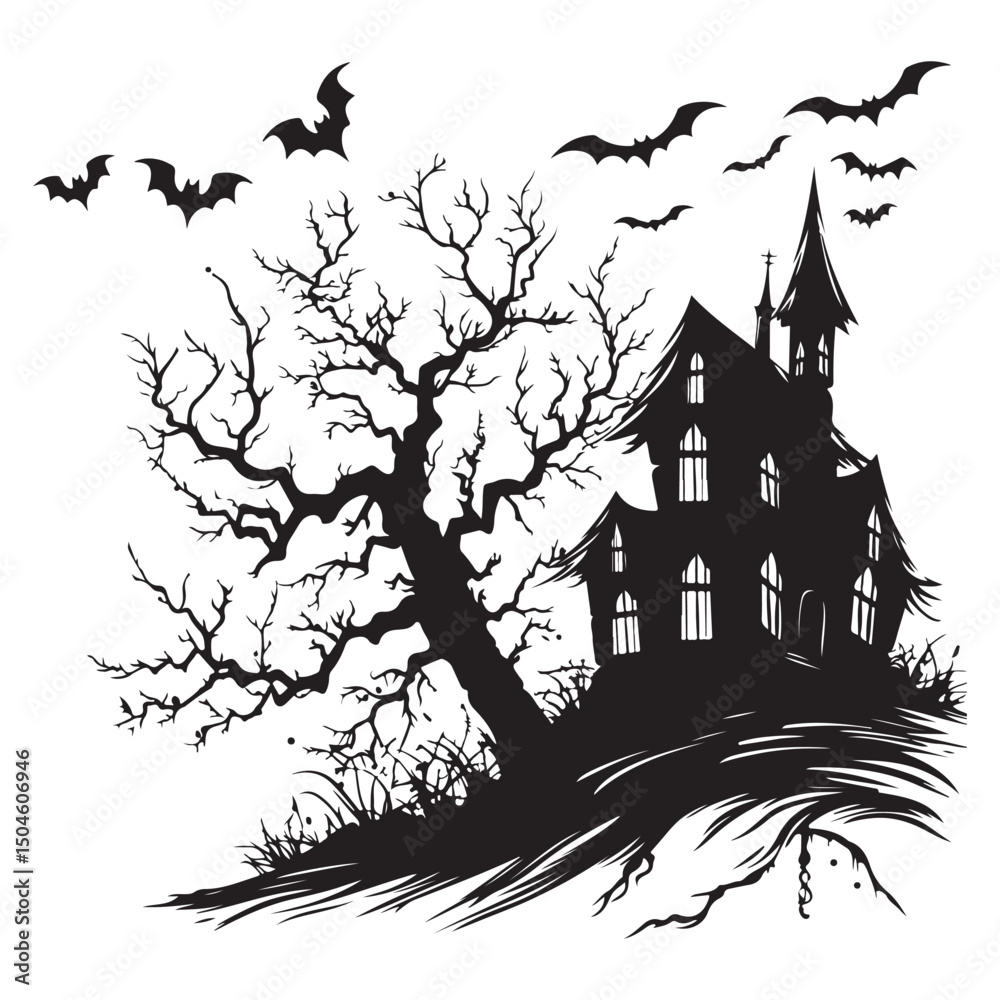 Fototapeta premium Creepy Haunted House with Bats, Haunted House Clipart, Halloween Haunted House isolated on a white background