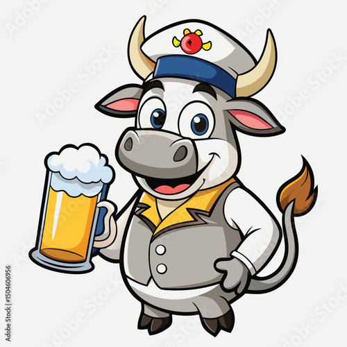 Cartoon bull character in uniform holding beer mug a funny mascot for pub or brewery