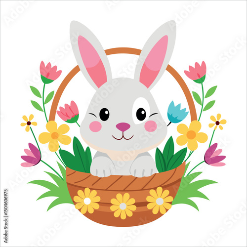 Cute cartoon Easter bunny with a basket of colorful eggs and spring flowers