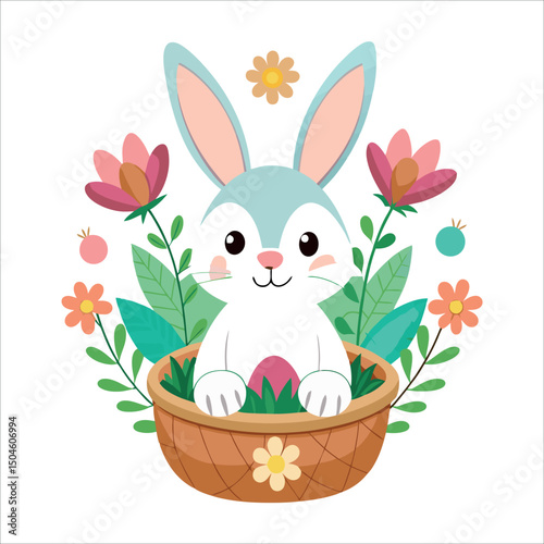 Cute cartoon Easter bunny illustration with a basket of eggs and flowers in the green spring grass, perfect for a happy holiday card design