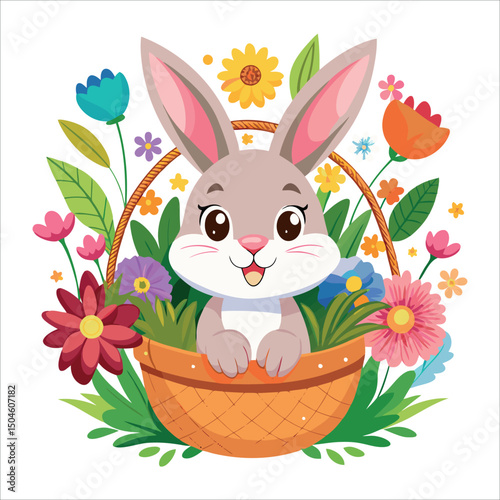 Cartoon Easter bunny with basket of eggs and flowers on green grass illustration