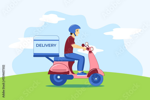 Smiling brunette courier riding a motorbike with a box-shaped luggage rack. Background nature, landscape, green meadow, blue sky