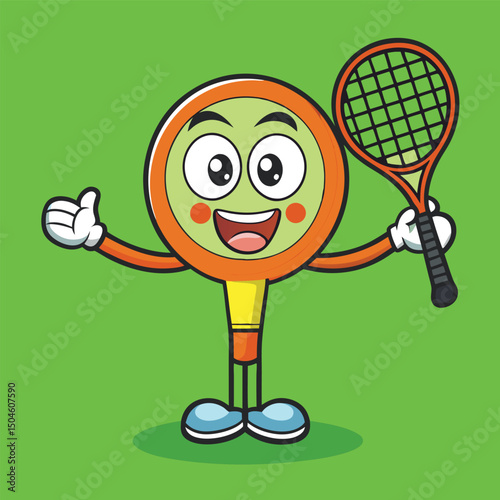 Cartoon character enthusiastically playing tennis with racket and giving a thumbs up gesture