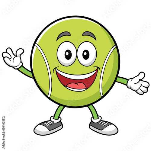 Cartoon tennis ball character waving and smiling on a white background for sports and fun