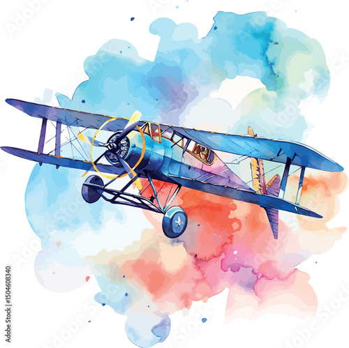 Vintage biplane flying high in the sky over the clouds