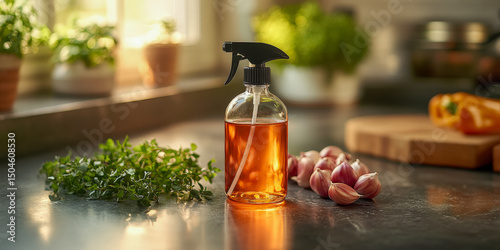 Homemade garlic chili pest spray displayed on kitchen counter with fresh herbs and garlic in bright sunlight