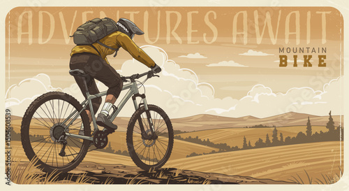 Retro poster art depicting a lone cyclist riding through a vast, undulating landscape