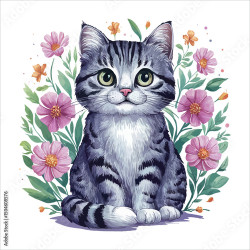 Cute feline kitten portrait with red and white flowers