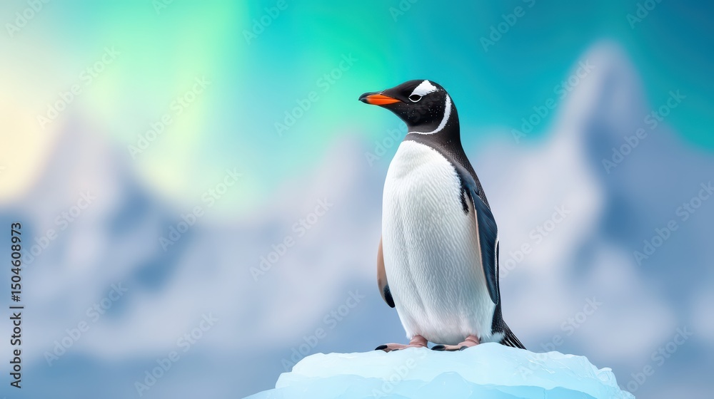 Naklejka premium Majestic Gentoo Penguin Standing Proudly on Ice in Arctic Landscape with Colorful Aurora Borealis Background