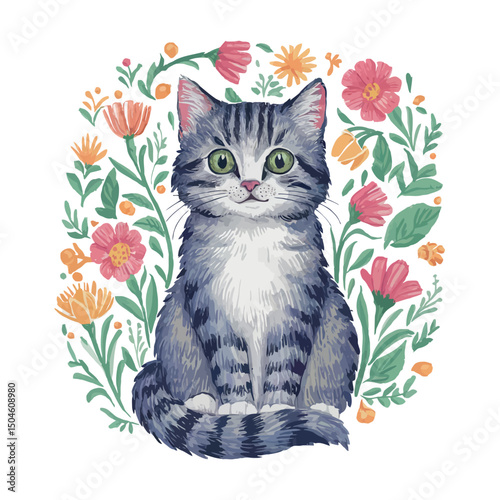 Cute domestic kitten with vibrant eyes among colorful nature flowers