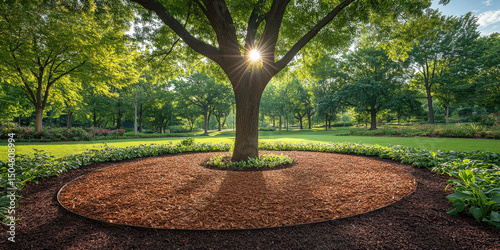 Mulch surrounds a sizable tree in a lush park during a sunny day