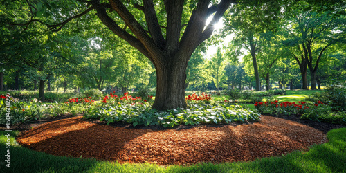 Mulch surrounds a large tree in a vibrant garden setting with blooming flowers and lush greenery during daylight hours