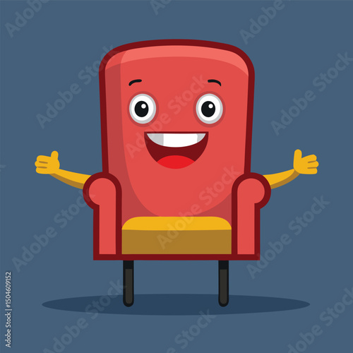 Cheerful cartoon armchair character with a big smile and outstretched arms on blue background