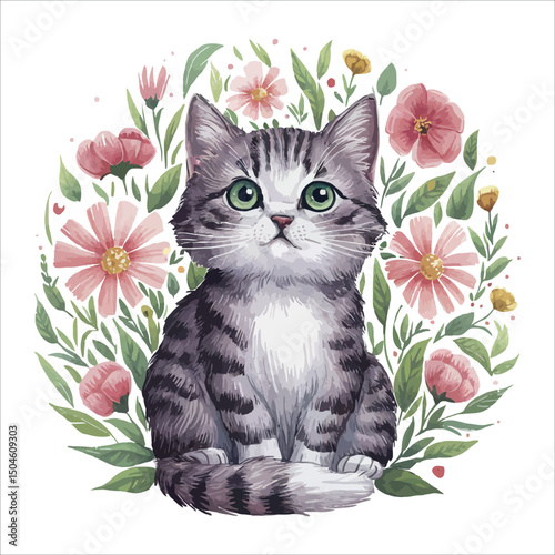 Adorable domestic feline kitten with captivating eyes looking at vibrant red and green flowers
