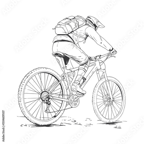 Line art of a mountain biker wearing a helmet and backpack, ready for adventure