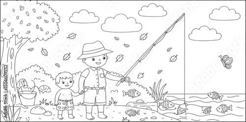 fishing with dad, coloring page for kids that you can print on