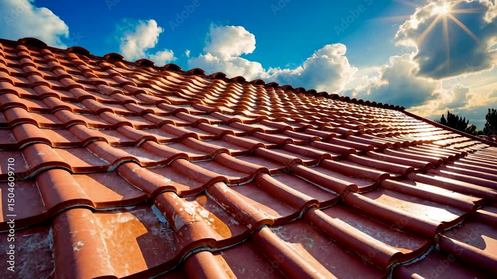 Shiny red clay roof tiles on house under bright blue sky with clouds and sun rays