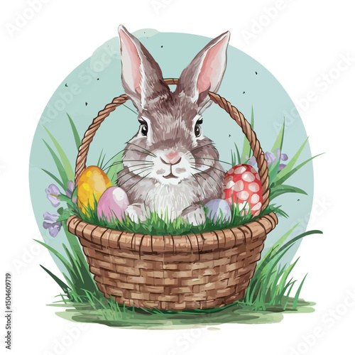 Cute Easter bunny with colorful eggs in a basket on green grass celebrates the spring holiday season
