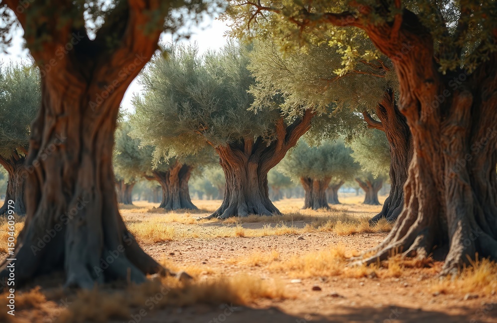Fototapeta premium Scenic view of old olive trees in Salento, Puglia. Ancient olive grove with gnarled trunks, lush green foliage, and sunny atmosphere, showcasing mediterranean agriculture. Ideal eco travel background.