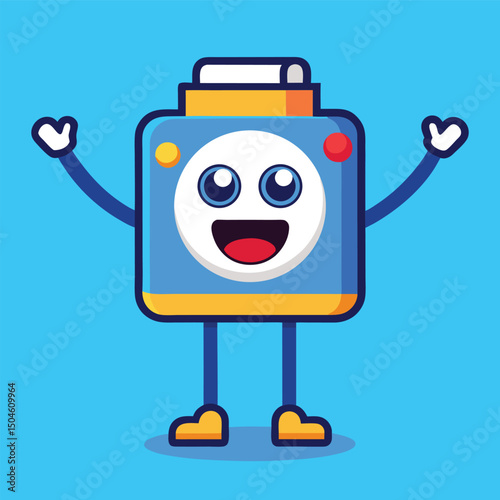 Cheerful cartoon camera character with arms raised and smiling on a bright blue background