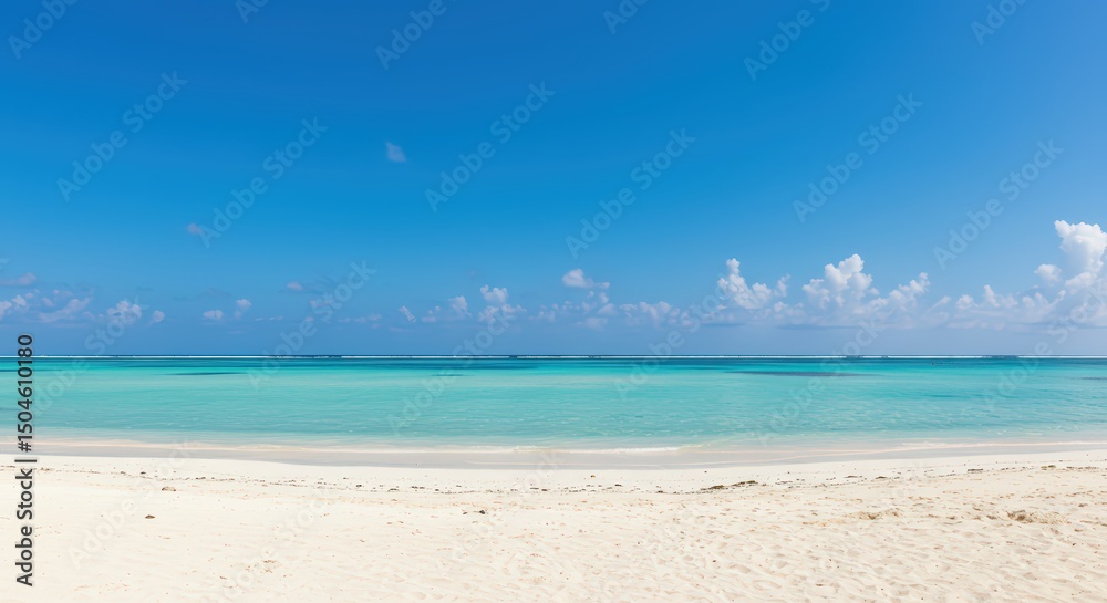 Tropical beach with white sand and turquoise ocean under clear blue sky. Empty seascape for summer travel vacation. Tropical beach with white sand and turquoise ocean under clear blue sky. Empty seascape for summer travel vacation.